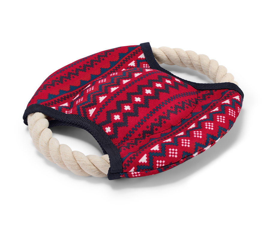 Červená hračka pro psy s lanem a vzorem