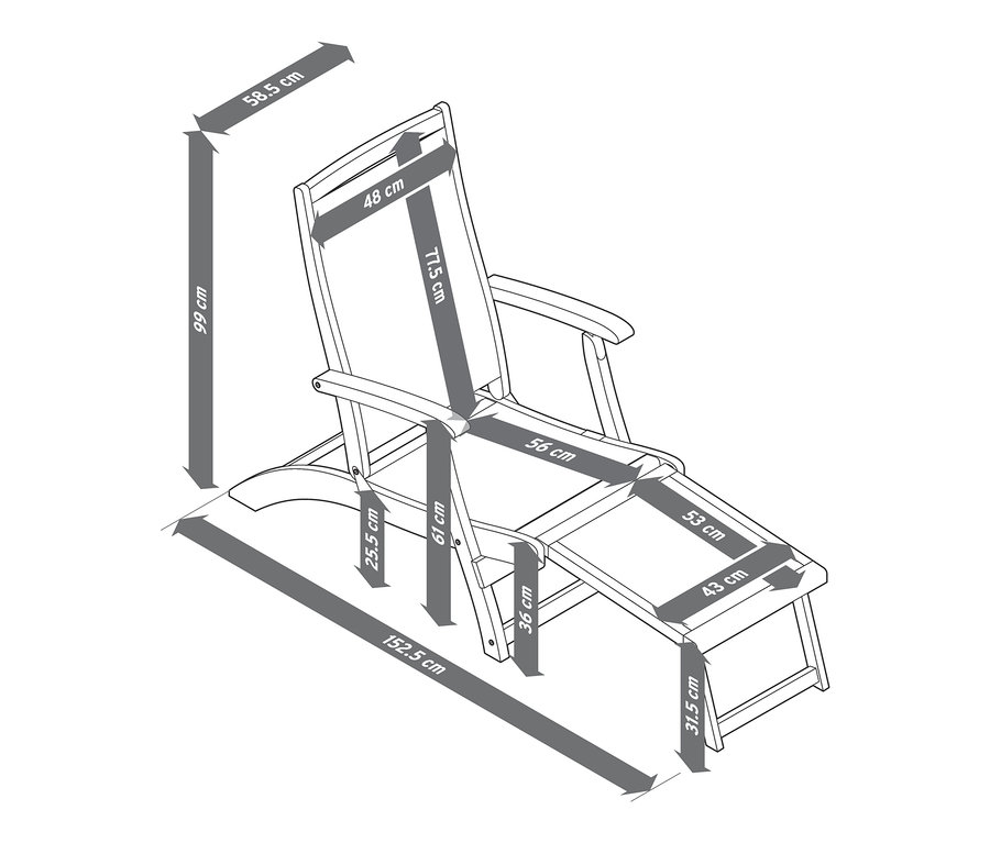 Nákres lehátka »Lenja« s výsuvnou podnožkou a rozměry.