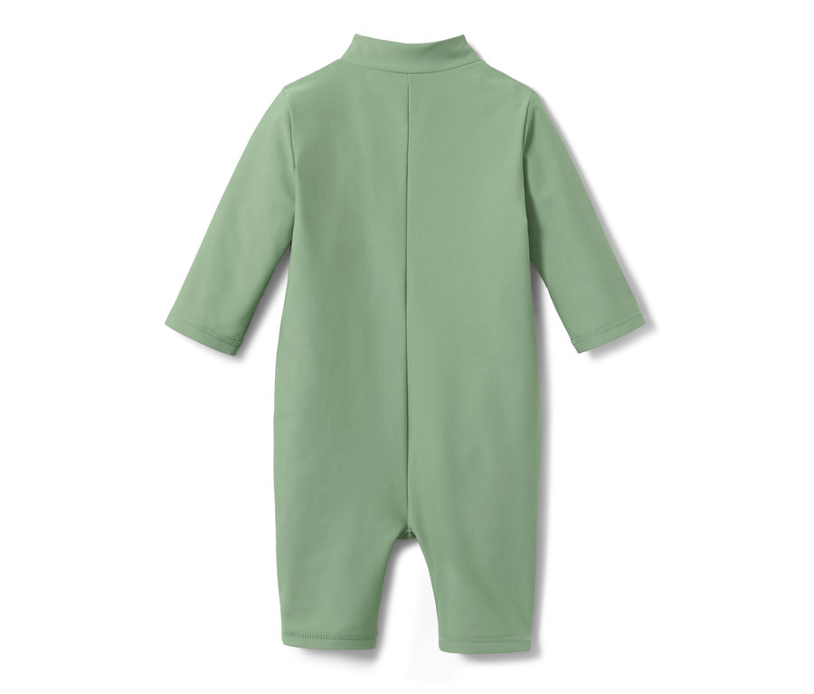 Zadní pohled na dětský overal s UV ochranou 80, světle zelené barvy.