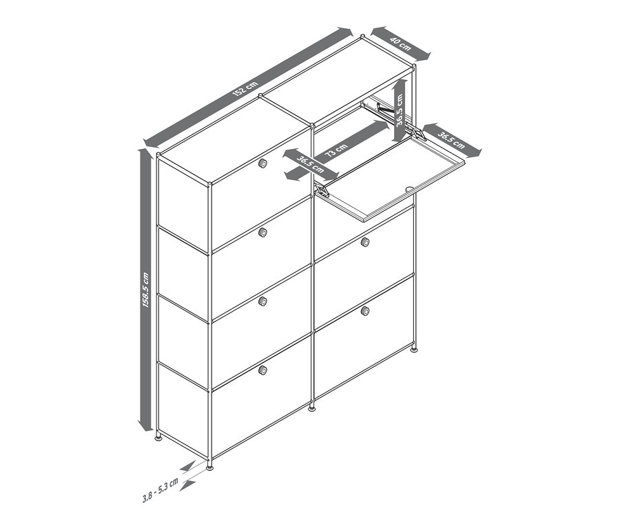 Nákres vysoké skříňky CN3 s osmi výklopnými dvířky. Jedny dvířka jsou otevřené.