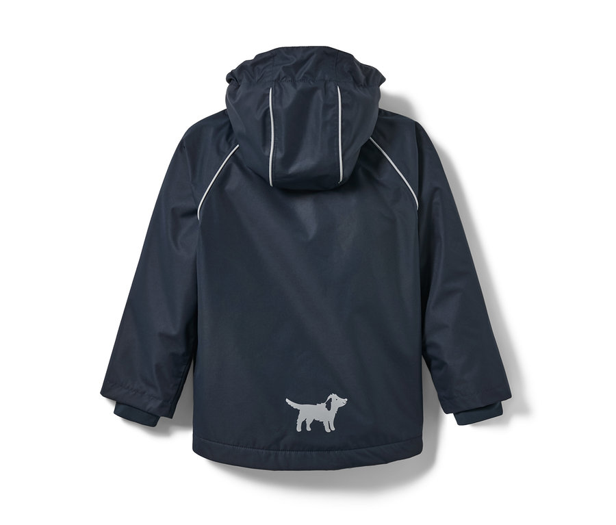 Tmavě modrá dětská termobunda do deště s kapucí a potiskem psa.