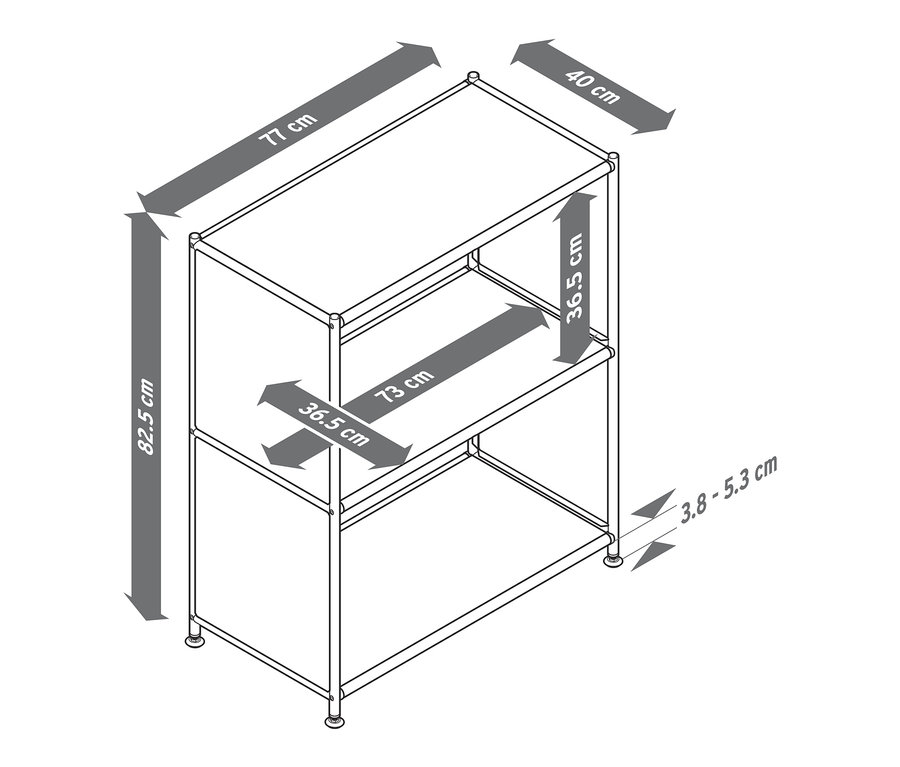 Rozměry kovového regálu »CN3« se 2 policemi.