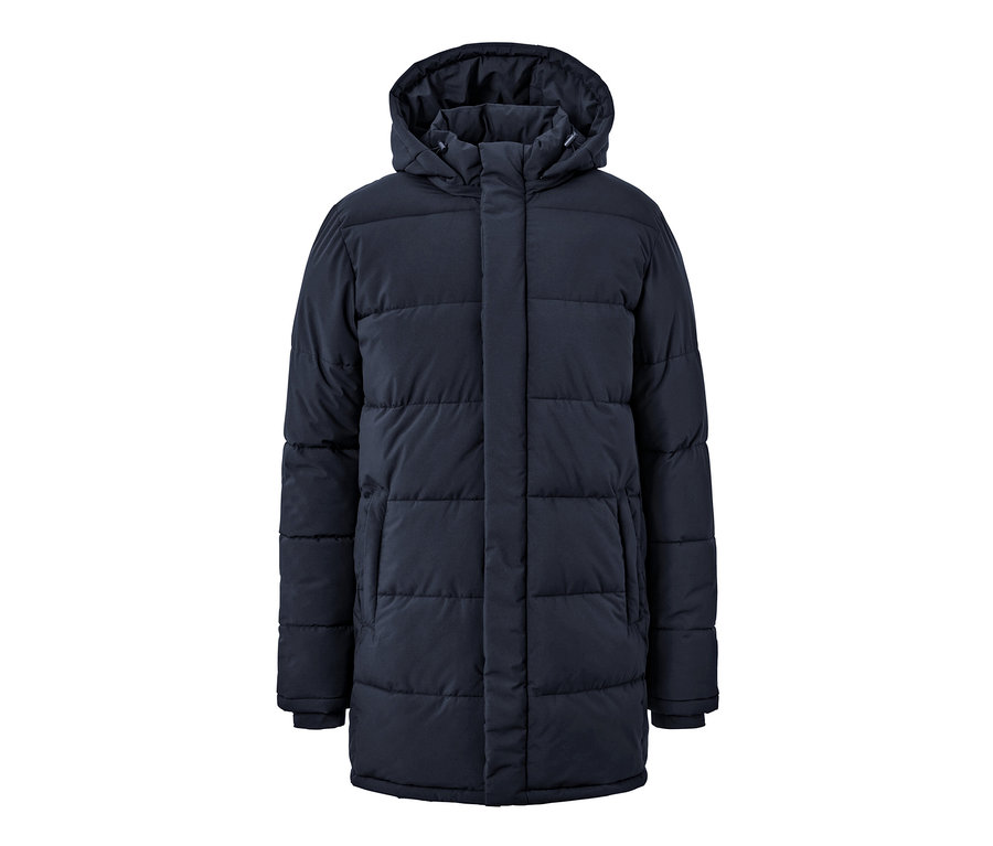 Tmavě modrá prošívaná parka s kapucí.