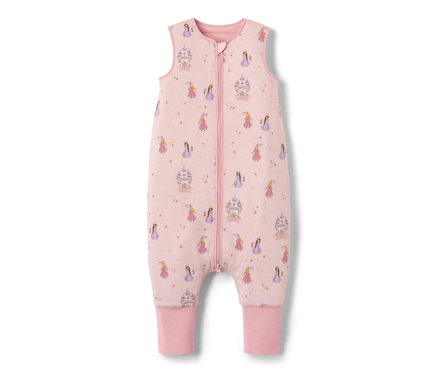 Růžový spací pytel s nohavicemi, 2,5 TOG, cca 110 cm, s potiskem princezen a hradů.