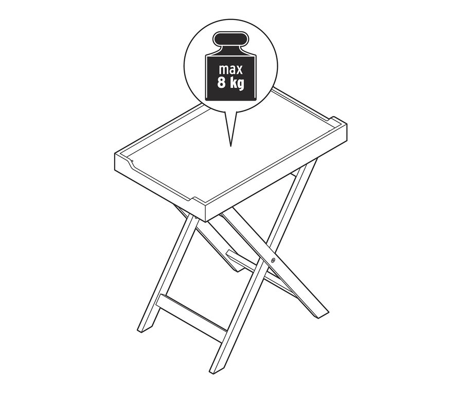 Ilustrace skládacího stolku s maximální nosností 8 kg.
