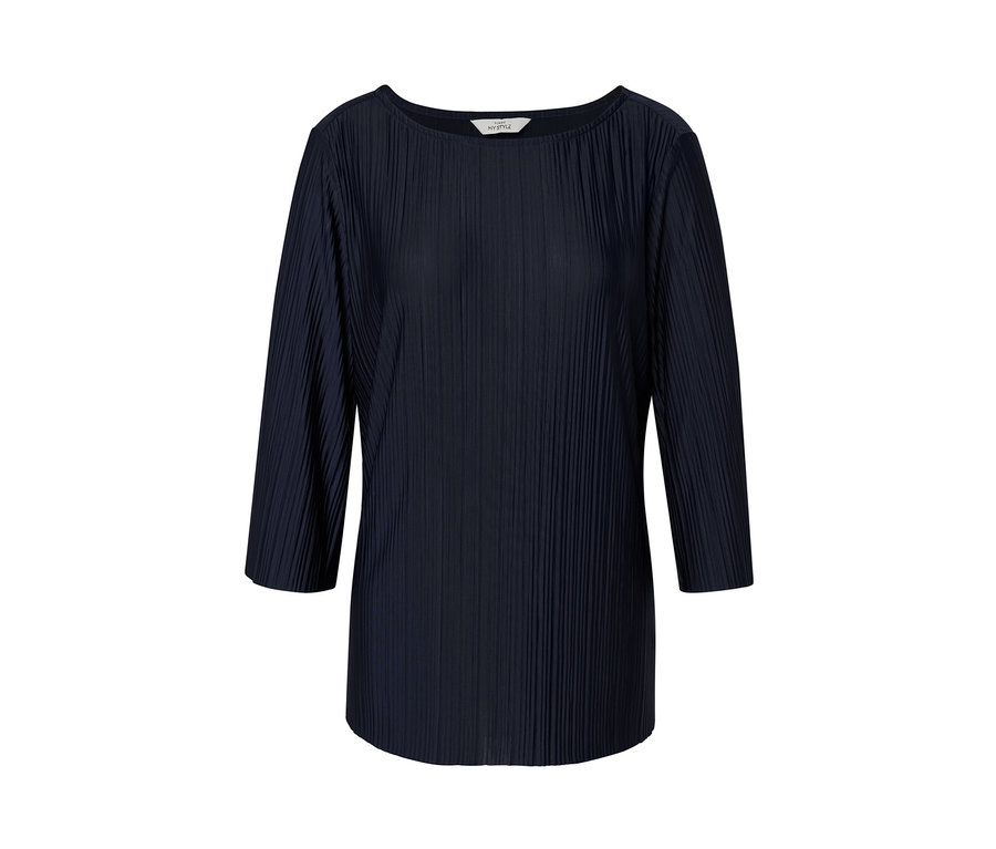 Tmavě modré plisované halenkové triko s tříčtvrtečními rukávy.