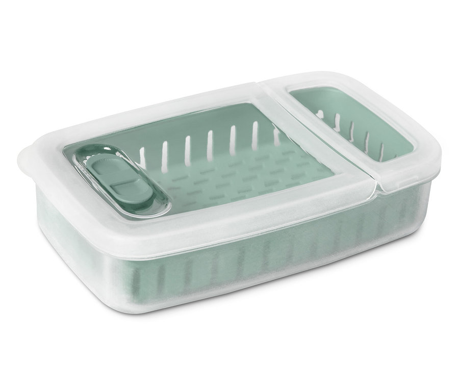 Zelená nádoba na potraviny s bílým víkem.