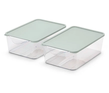 Dva průhledné plastové úložné boxy s víkem světle zelené barvy.