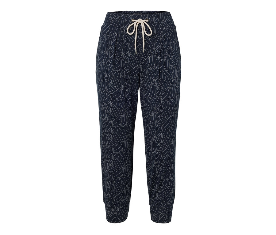 Modré/krémově bílé 3/4 žerzejové kalhoty s potiskem listů a stahovací šňůrkou.