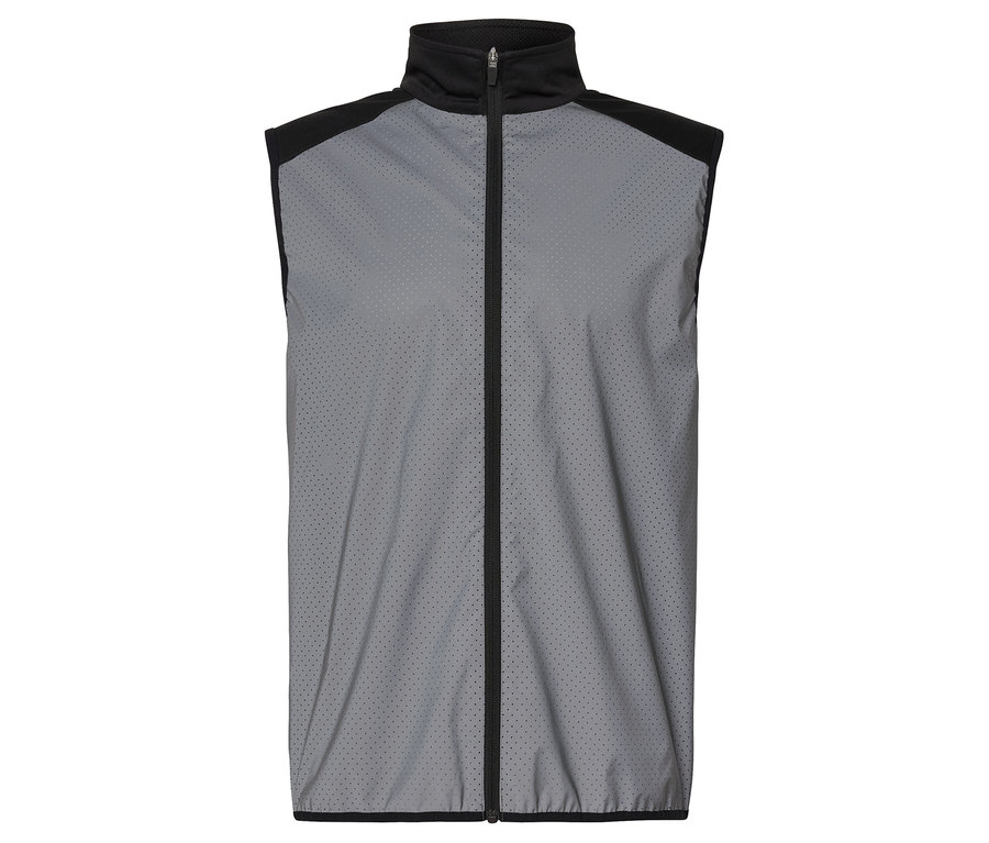 Šedá vesta s černým zipem uprostřed.