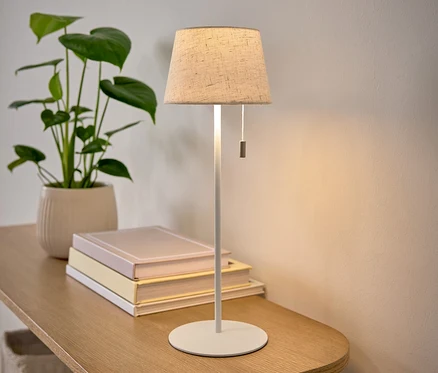 Stolní lampa s béžovým stínidlem stojí na dřevěném stolku vedle květiny v květináči a hromádky knih.