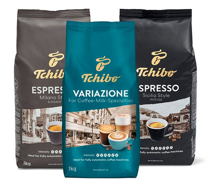 Tři balení zrnkové kávy Tchibo Ochutnávkový set 3 kg.