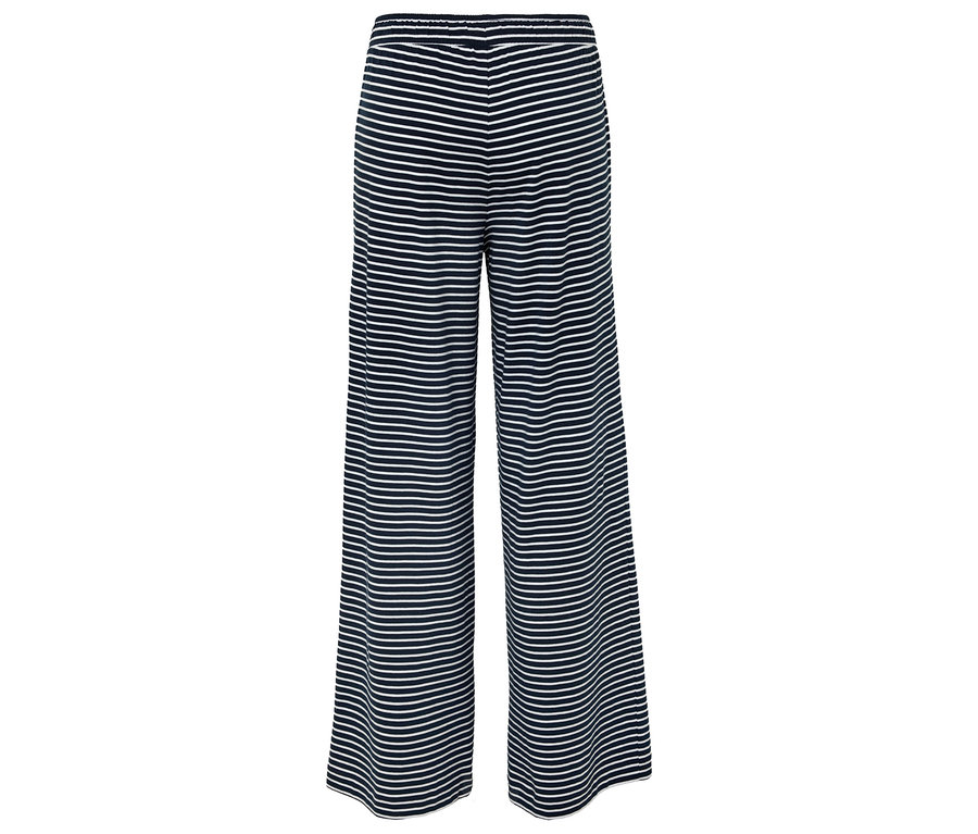 Pruhované kalhoty s širokými nohavicemi vodorovně pruhované v tmavě modré a bílé barvě.