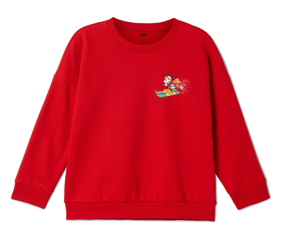 Červená mikina s obrázkem Mickey Mouse na saních.
