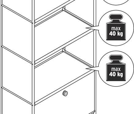 Náčrt kovového regálu »CN3« se 2 zásuvkami, jedna zásuvka je otevřená.