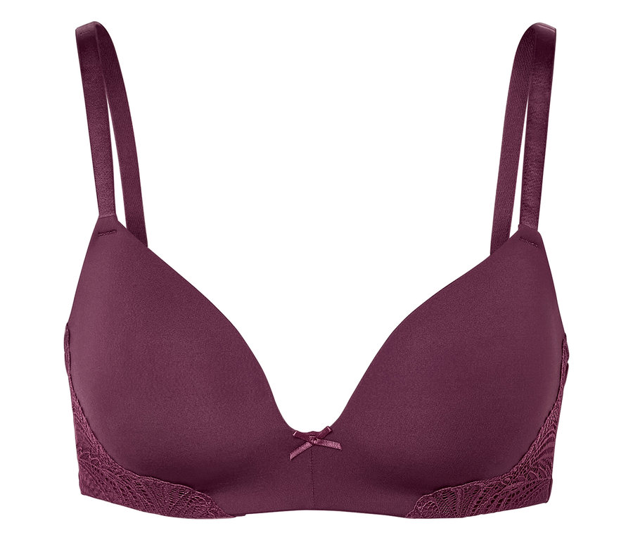 Fialová podprsenka s krajkou a mašlí uprostřed.
