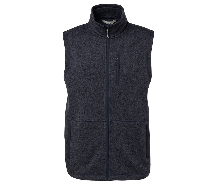 Tmavě šedá fleecová vesta se zipem a kapsami.