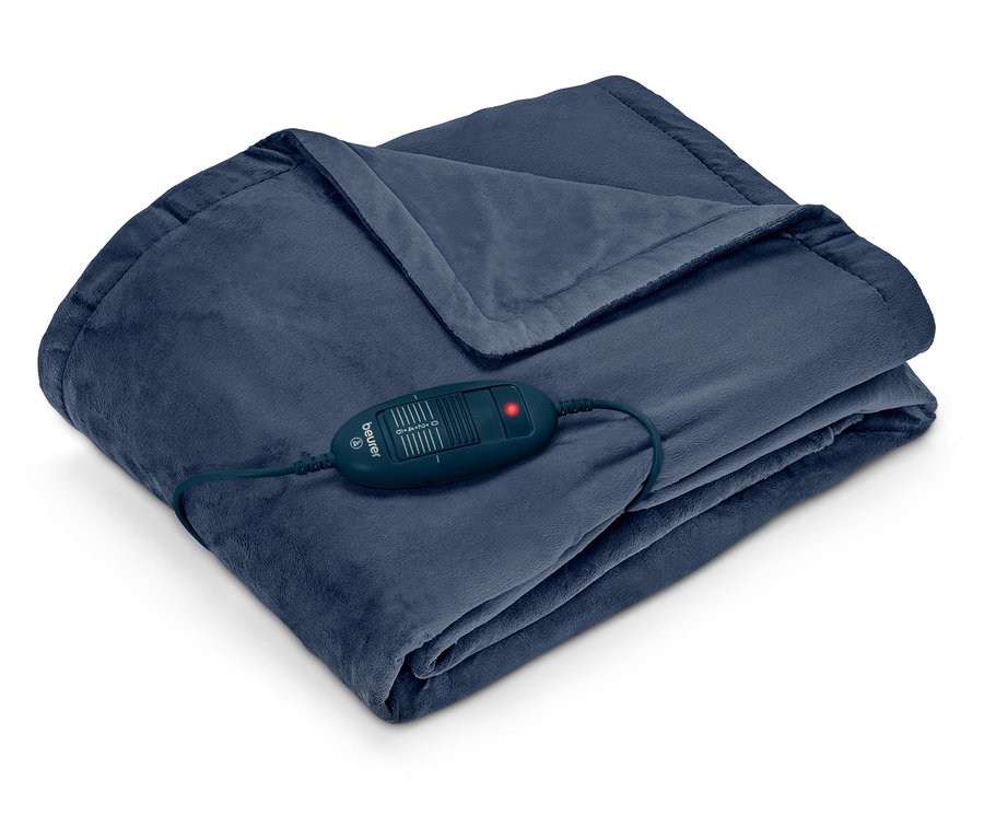 Složená tmavě modrá elektrická deka s ovladačem Beurer s červenou kontrolkou.
