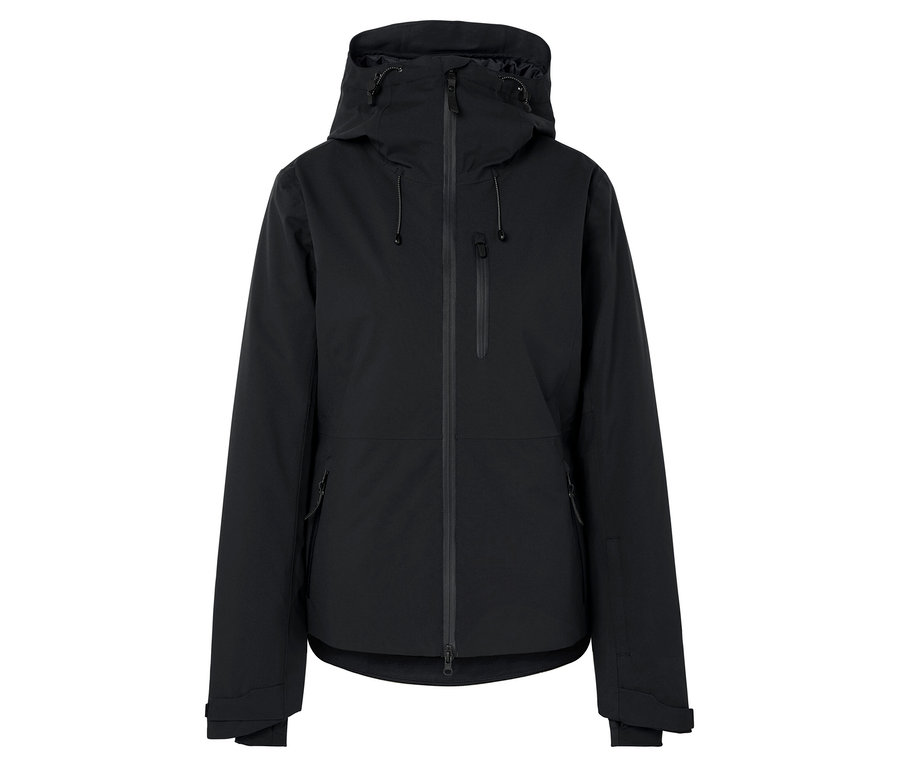 Černá bunda s kapucí se zipem uprostřed.