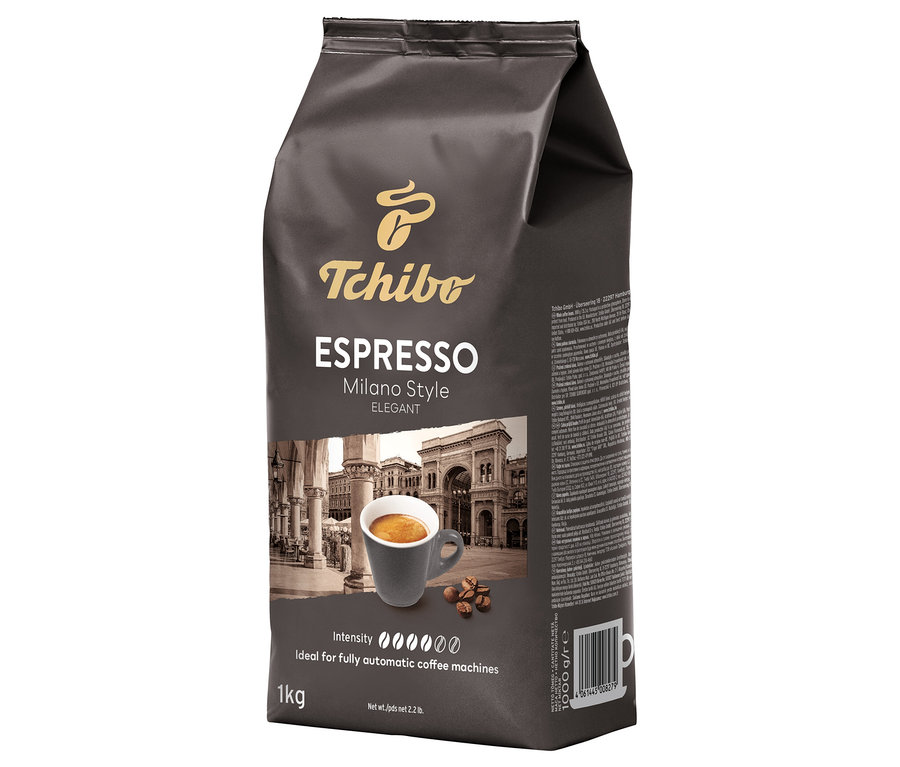 Balení zrnkové kávy Tchibo Espresso Milano Style o hmotnosti 1 kg.
