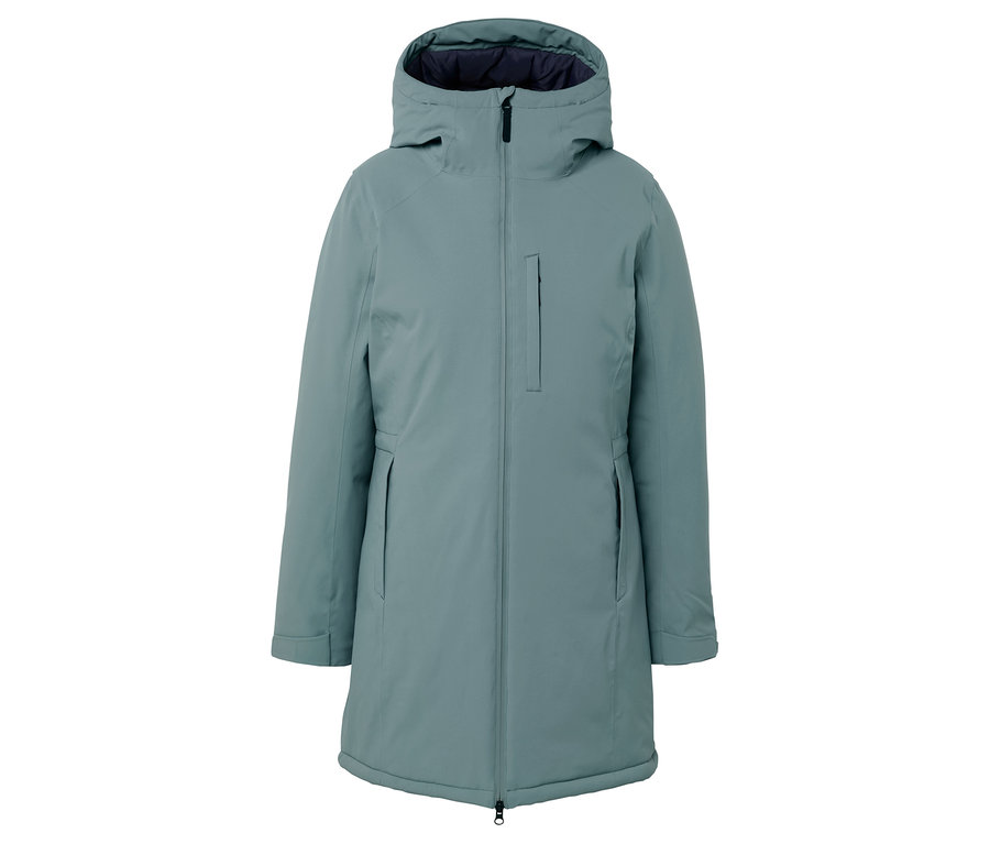 Modrozelená zimní bunda s kapucí a zipem.