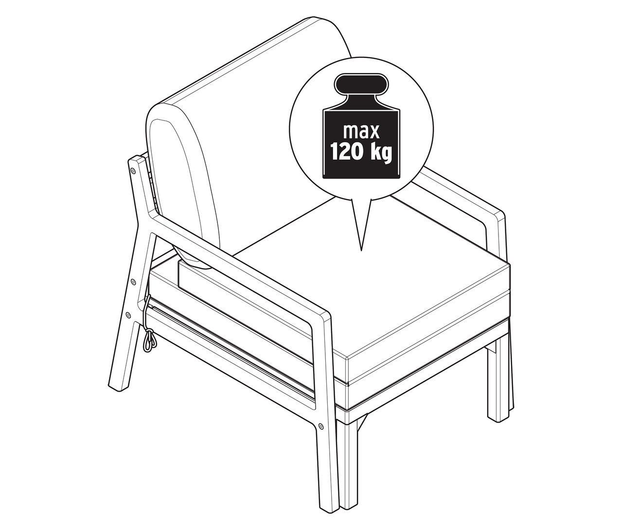 Nákres rozkládacího zahradního křesla s maximální nosností 120 kg.
