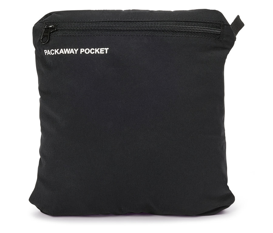 Černé obdélníkové skládací pouzdro s zipem nahoře a nápisem „PACKAWAY POCKET“.