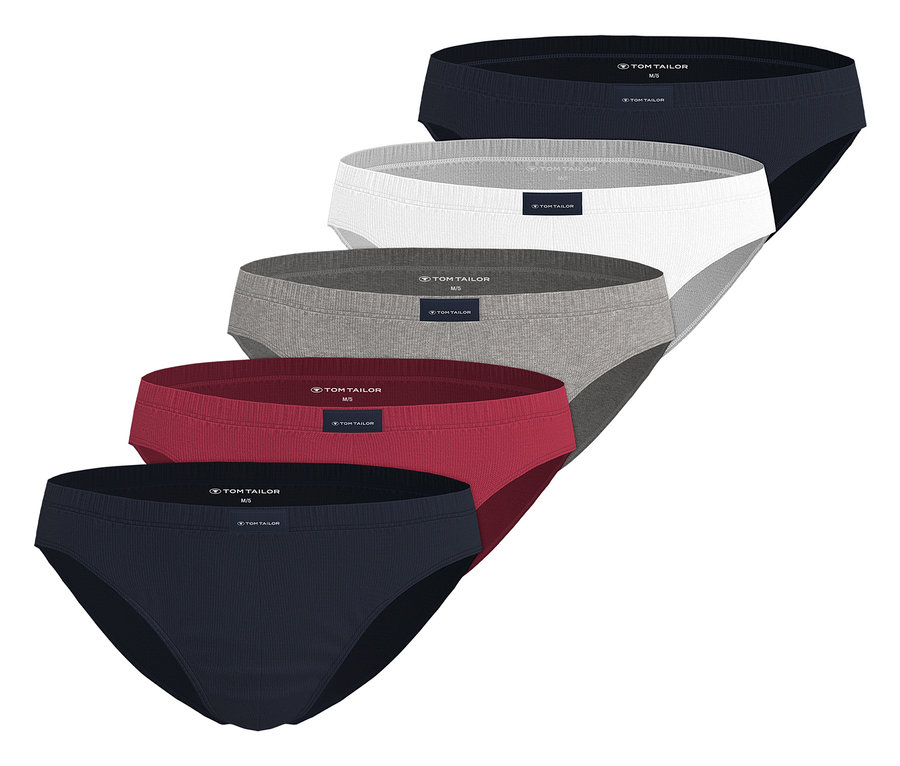 Pět barevných slipů Tom Tailor »Colorado« leží na sobě.