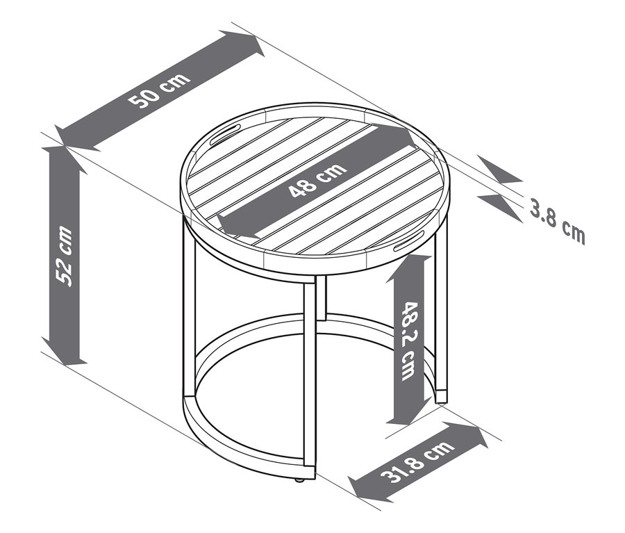 Obrázek dvou zahradních odkládacích stolků s odnímatelnými podnosy, průměr cca 40 cm a 50 cm, s rozměry.