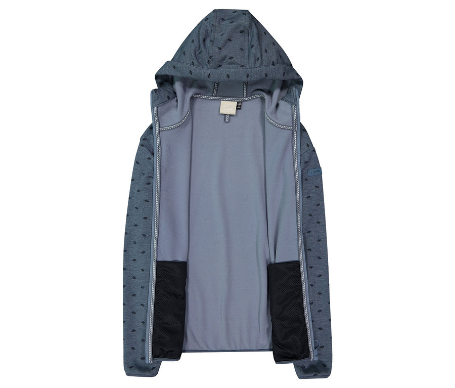 Otevřená modrá bunda s kapucí s tmavými akcenty a kapsami.