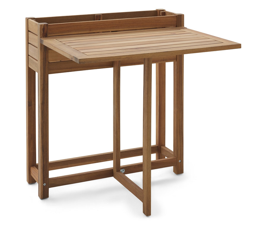 Hnědý dřevěný stůl se sklopnou deskou stojí na bílém pozadí.