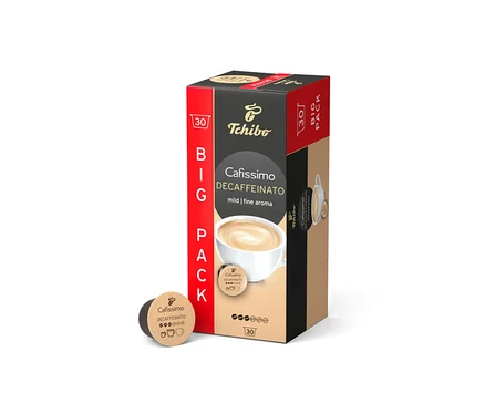 Svisle stojí balení Tchibo Cafissimo Decaffeinato - 30 kapslí. Vedle leží kapsle.