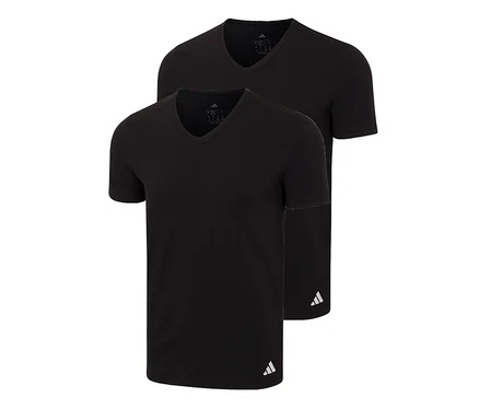 Dvě černá trička adidas Active Flex s výstřihem do V, jedno mírně před druhým, s logem adidas vpravo dole.