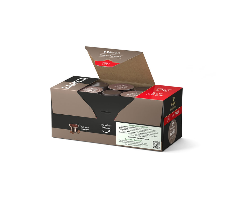 Otevřené hnědé balení kávových kapslí Tchibo Cafissimo Barista Big Pack s 30 kapslemi.
