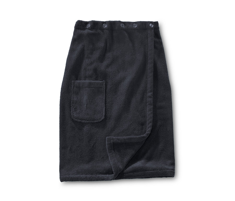 Tmavě modrý unisex kilt do sauny s kapsou a knoflíky.