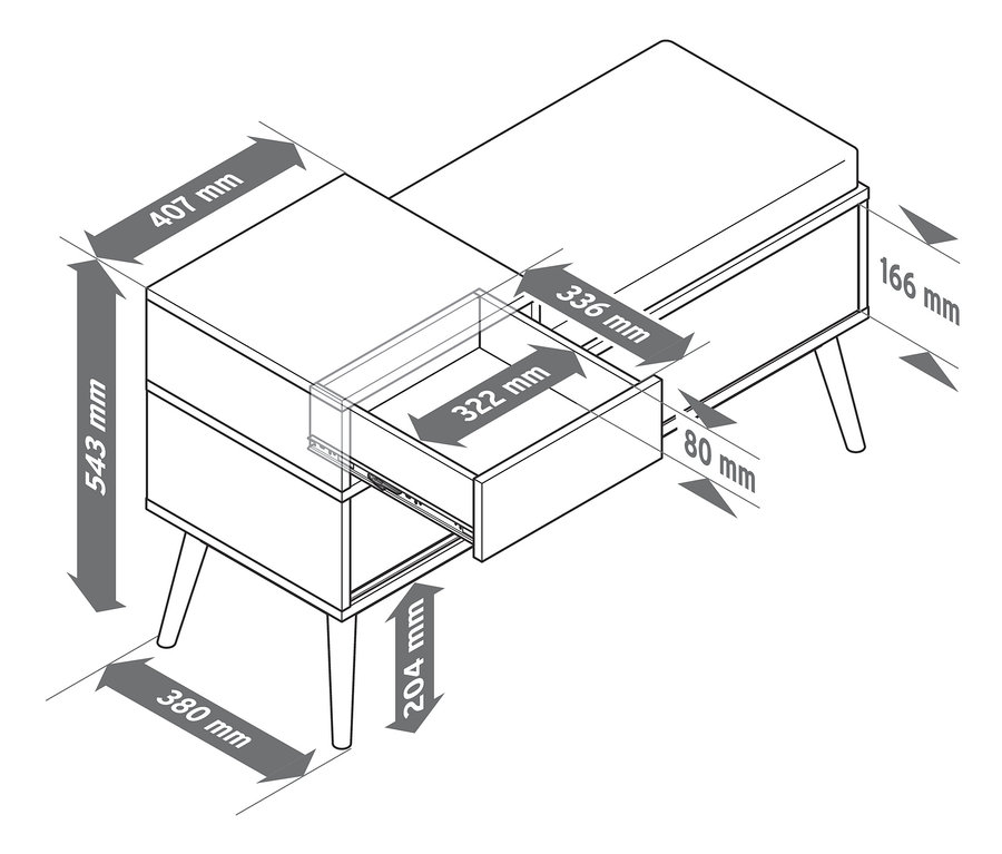 Nákres lavice na sezení s přihrádkou na boty s vytaženým šuplíkem a uvedenými rozměry.