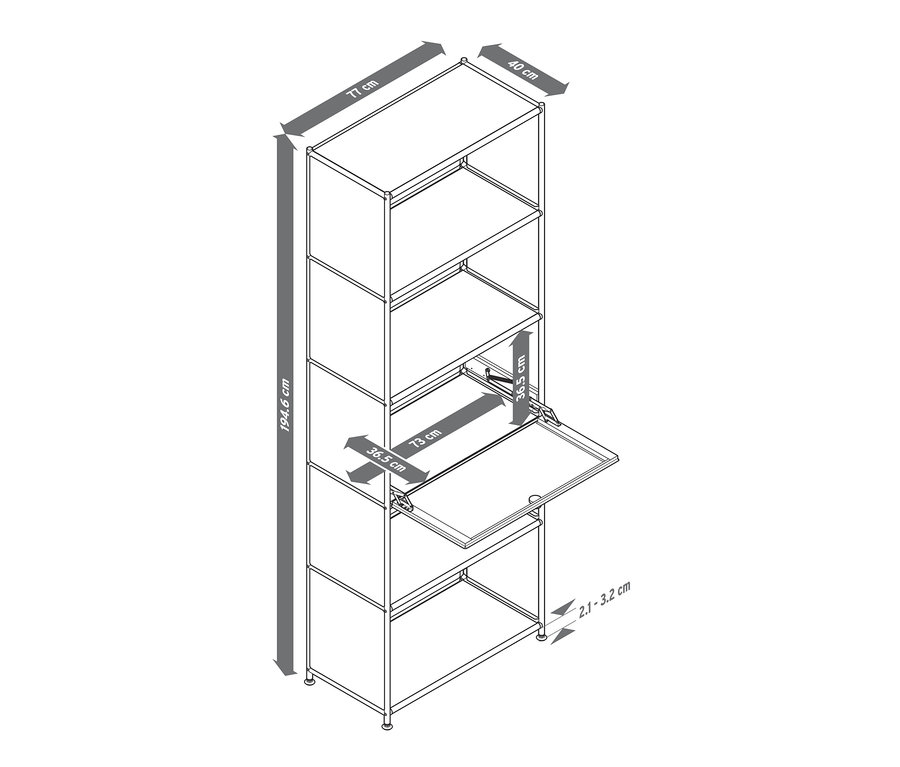 Ilustrace vysokého regálu CN3 s výklopnými dvířky a rozměry.
