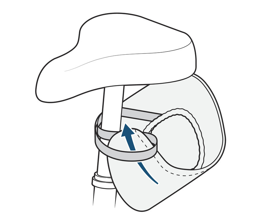 Ilustrace potahu na sedlo kola připevněného k sedlu kola.