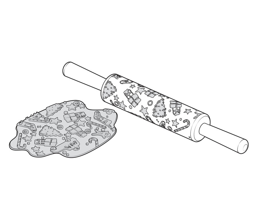 Váleček na těsto s motivy vánočních stromků, dárků a hvězd vedle kousku těsta s vyraženými vzory.