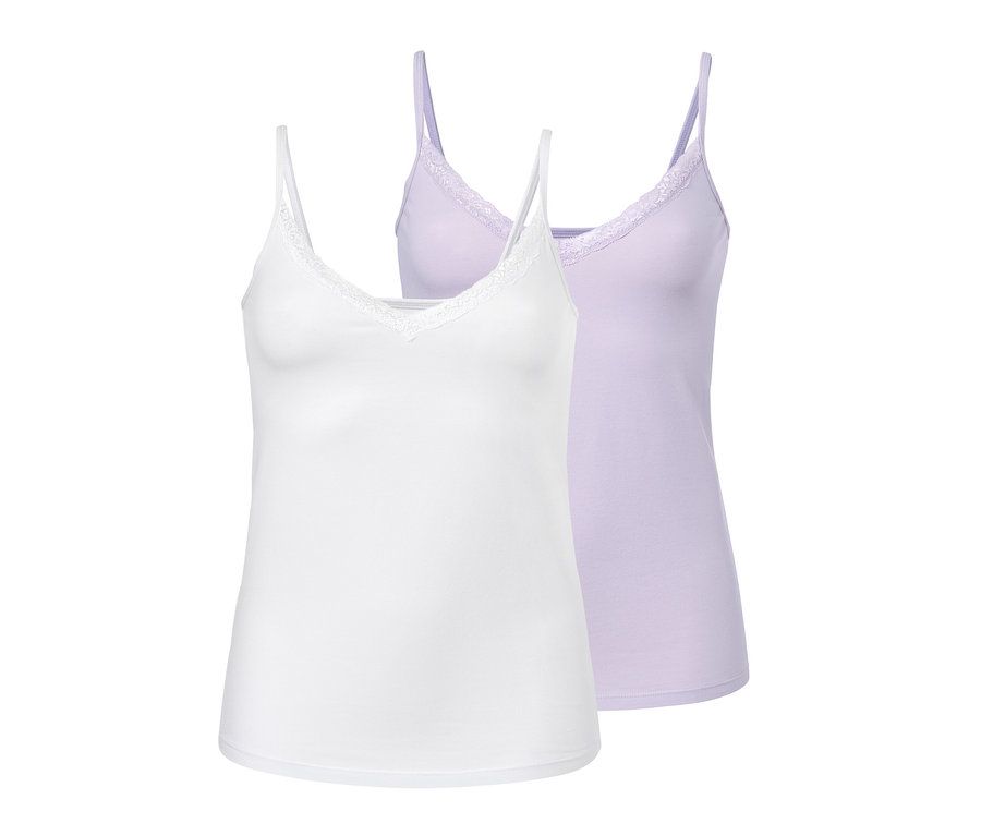 Dvě tílka: bílé a světle fialové. Oba topy mají krajkový lem.