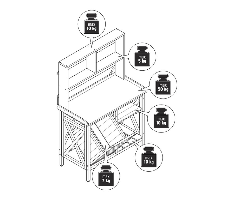 Ilustrace zahradnického stolu »Jonte« s nádobou na odpad a policí.