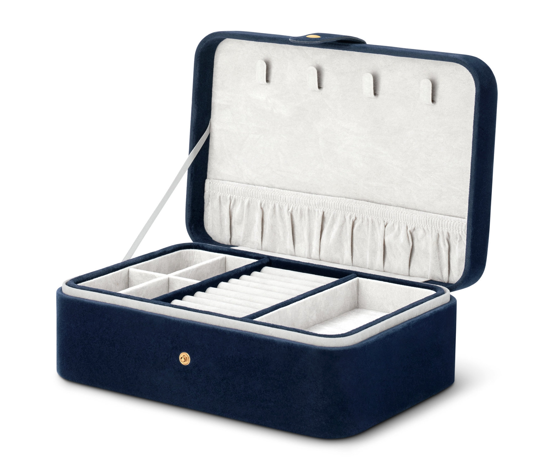 Otevřená šperkovnice se sametovým potahem.