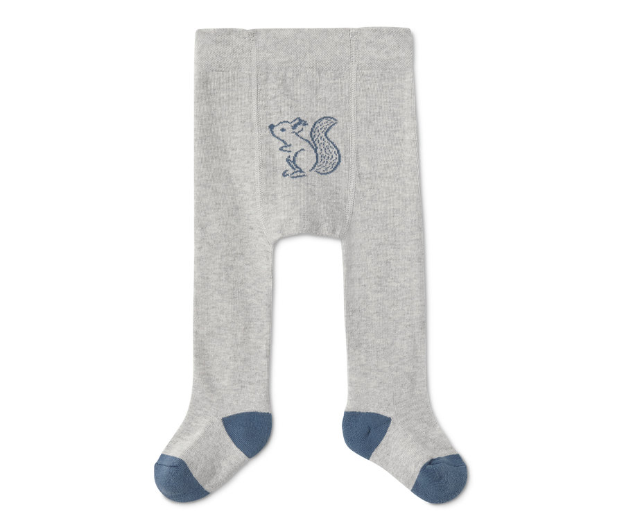 Šedé bavlněné punčocháče s modrým lemem a výšivkou veverky.