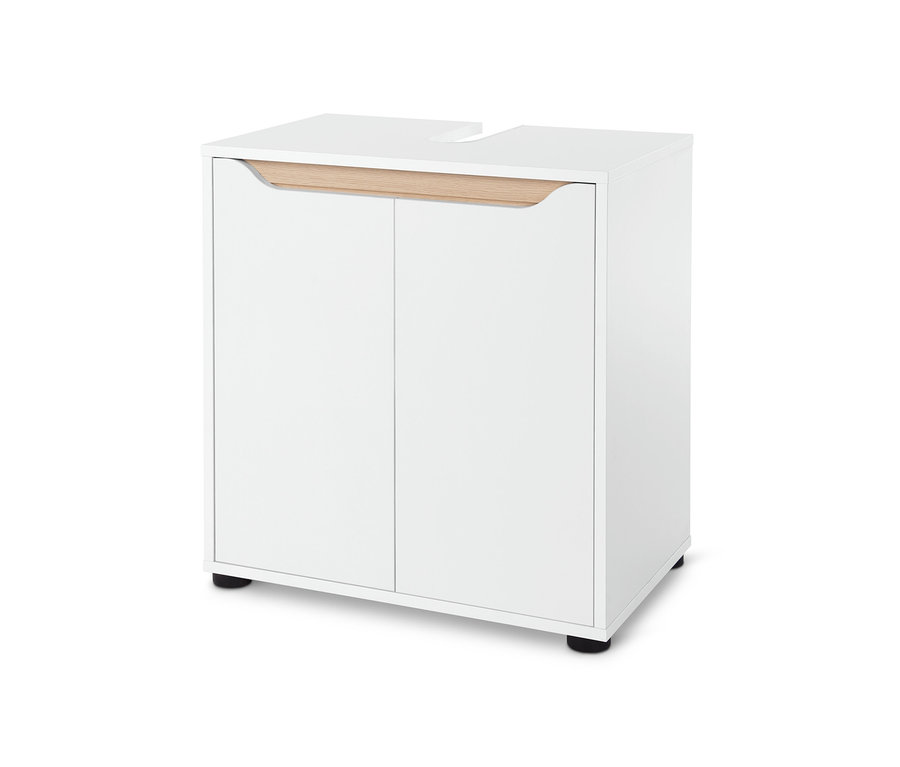 Bílá skříňka pod umyvadlo s úložným prostorem má dvířka s dřevěným lemem v horní části.