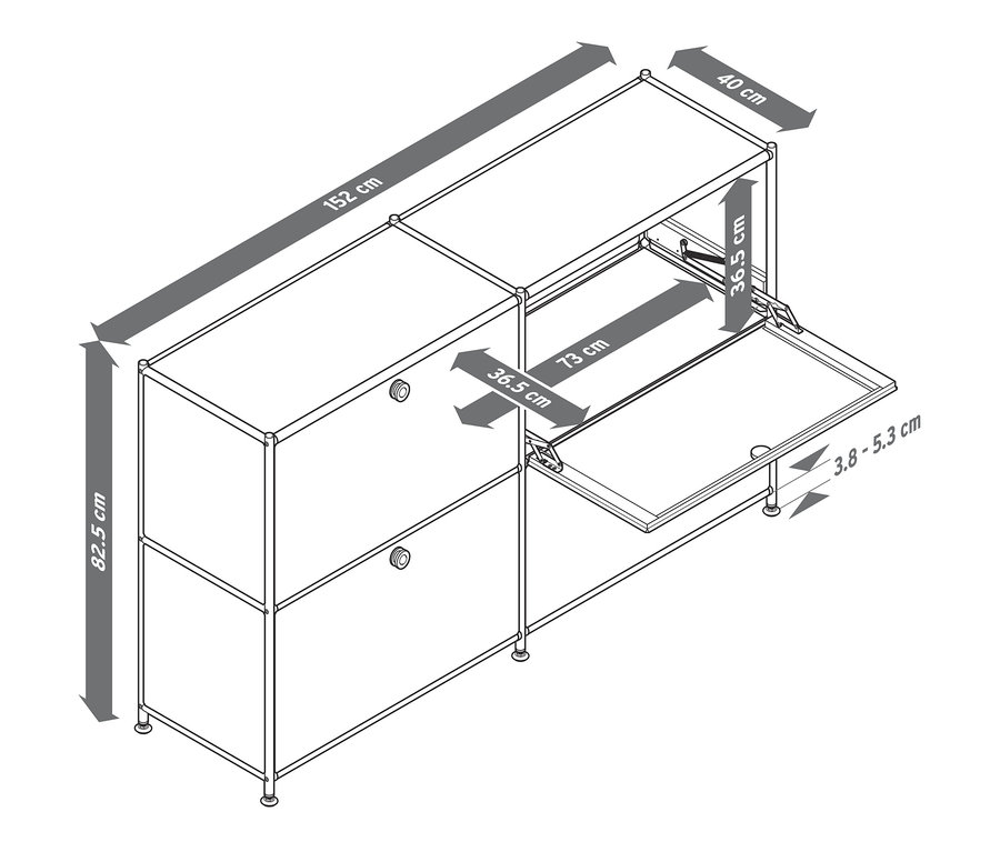 Schéma odkládací skříňky »CN3« se 4 výklopnými dvířky s rozměry.
