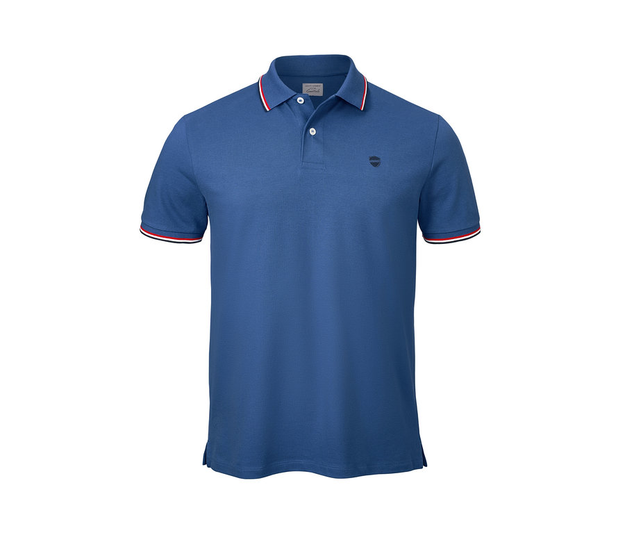 Královsky modrá polokošile piké s krátkým rukávem a bílo-červenými proužky na rukávech a límci.