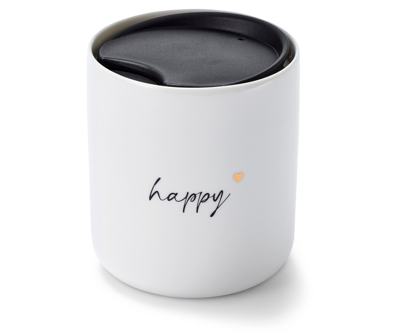 Bílý porcelánový hrnek s víčkem a nápisem "happy".