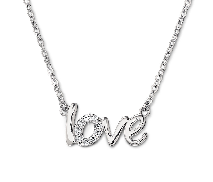 Stříbrný rhodiovaný náhrdelník Love se zirkony.
