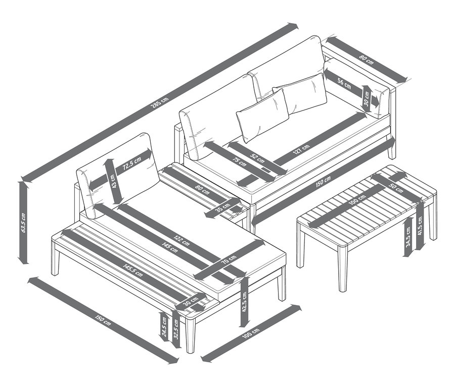 Nákres teakového rohového posezení s rozměry.