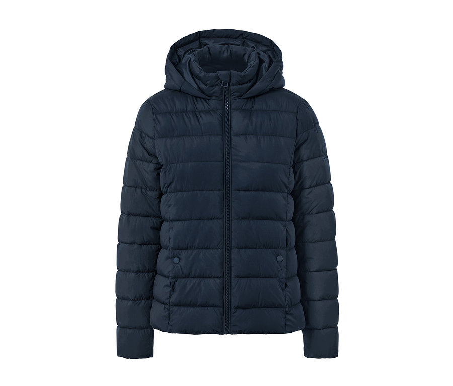 Tmavě modrá prošívaná bunda s kapucí.